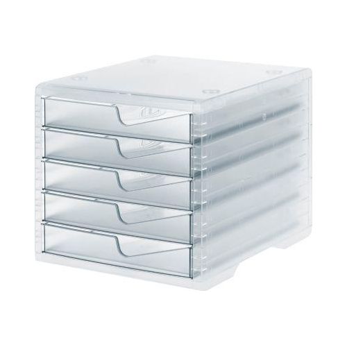 Schubladenbox styro® styroswing light, 5 Schübe, Auszugsperre & Griffmulde, stapelbar, B 270 x T 340 x H 255 mm, Polystyrol, transparent-transparent