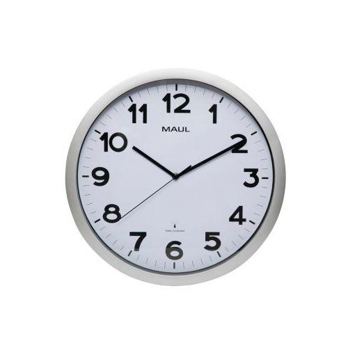 Funk Wanduhr Maul MAULstep, silber, für Innen, schwarze arabische Ziffern, Auto-Zeitumstellung, rund, Ø 350 mm, Kunststoff & Glas, mit Batterie