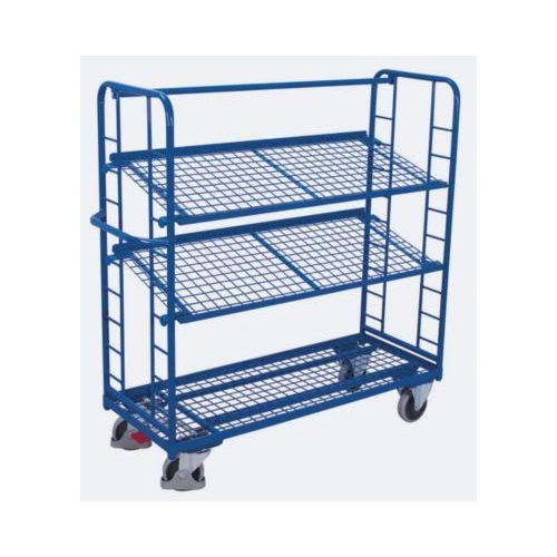 Etagenwagen, Stahl/Drahtgitter, Enzianblau, 3 Etagen, 1650 x 650 mm, Stirnwände mit Rundstahlverstrebung, EasySTOP, bis 400 kg Image