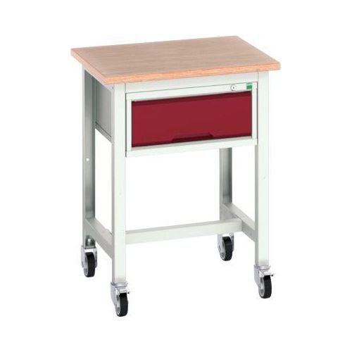 Mobile Werkbank Bott verso, Multiplex-Platte, mit Querstrebenset, 1 Schublade, B 700 x T 600 x H 930 mm, Lichtgrau / Purpurrot