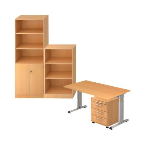 Komplettangebot Schreibtisch/Container/Regalschrank/Regal ULM, Buche-Dekor