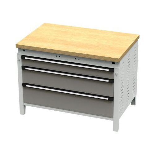 Otto Kind Breitfachwerkbank Typ 410, Buche Multiplexplatte, bis 1.200 kg, B 1152 x T 750 x H 850 mm, Stahl, Zentralverschluss, lichtgrau/staubgrau