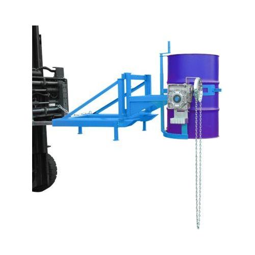 Fasskipper Bauer Typ FD/L, für 110 bis 220 l Fässer, 360 kg, 270° Kippen, mit Endloskette, Stapleraufnahme, lichtblau RAL 5012