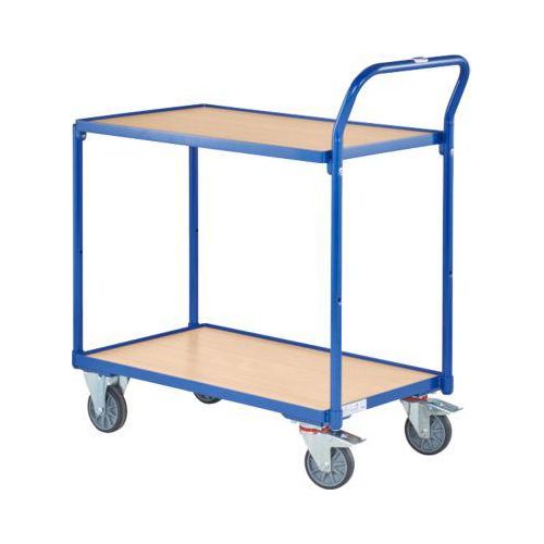 Tischwagen Fetra 2740, 2 Etagen, L 850 x B 500 mm, bis 300 kg, 2 Schiebebügel, Lenk- & Bockrollen, Holz & Stahl, brillantblau RAL 5007 Image