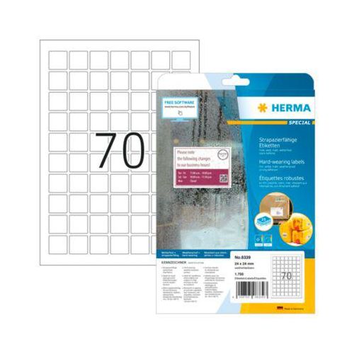 Folienetiketten HERMA 8339, selbstklebend, besonders stark haftend, wetterfest, bedruckbar, B 24 x H 24 mm, Folie, weiß, 1750 Stück/25 Blatt