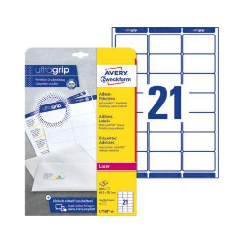 Avery Zweckform Adressetiketten L7160-40, mit ultragrip, geeignet für Laserdrucker, 63,5 x 38,1 mm, 840 Stück/40 A4-Bogen, 100 % FSC®-Papier, weiß