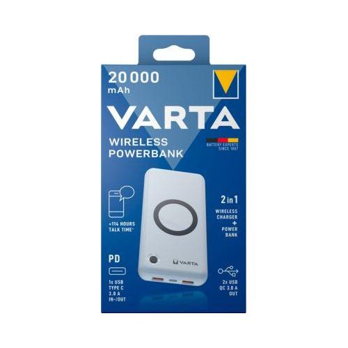 Wireless Powerbank Varta, 20000 mAh, 1x USB-C (In & Out), 2x USB-A (Out), Laden mit o. ohne Kabel, B 79 x T 24 x H 160 mm, weiß