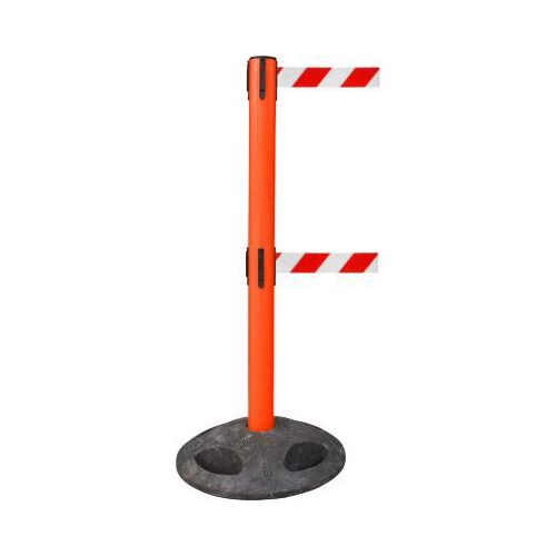 RS-GUIDESYSTEMS® Absperrpfosten GLA 250, Doppelgurt, Gurtauszug 4 m, Bodenteller Ø 410 mm, rot/rot-weiß