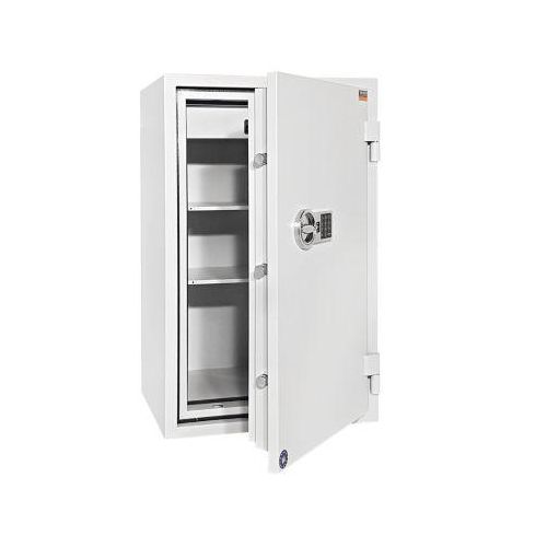 Tresor FRS 93, Feuerwiderstand LFS 60P nach EN 15659, Sicherheitsstufe S 2, Elektronikschloss, 2 Fachböden & 1 ausziehbare Schublade, B 565 x T 450 x H 972 mm, lichtgrau RAL 7035