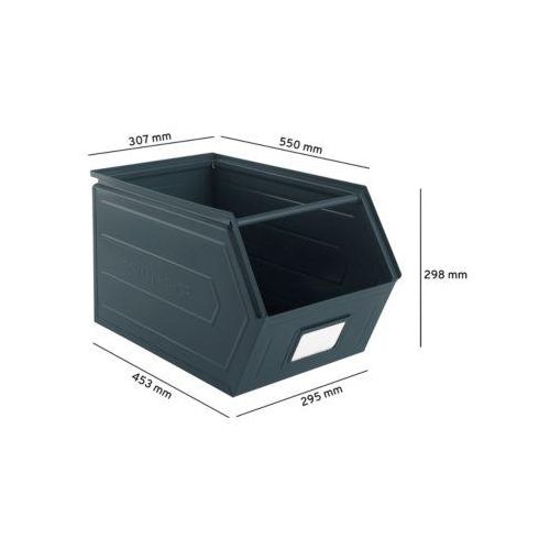 Schäfer Shop Select Sichtlagerkasten, mit Tragestab, L 550 x B 307 x H 298 mm, 40 l, 150 kg, Stahl, RAL 5008 (graublau)