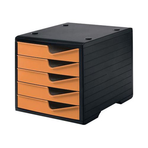 Schubladenbox styro® styroswing, 5 Schübe, Auszugsperre & Griffmulde, stapelbar, B 270 x T 340 x H 255 mm, Polystyrol, schwarz-apricot