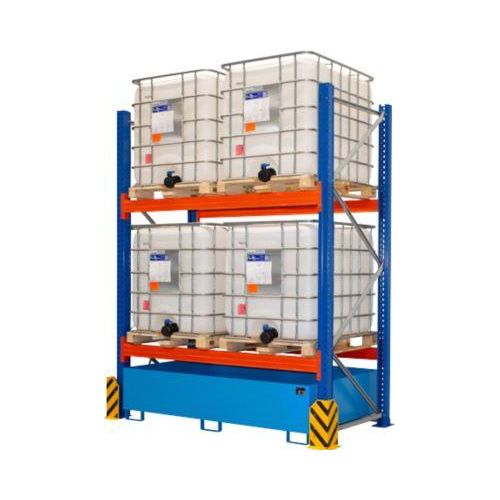 BAUER Umwelt-Grundregal UR-G 2200-2, Palettenregal, B 2400 x T 1300 x H 3000 mm, für max. 4 IBC, Auffangwanne 1000 l, lichtblau/verkehrsblau/reinorange