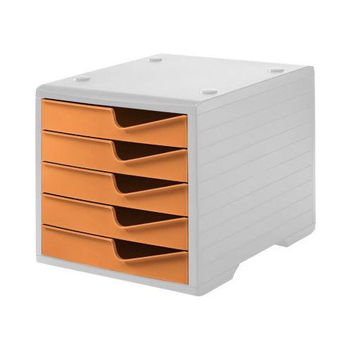 Schubladenbox styro® styroswing, 5 Schübe, Auszugsperre & Griffmulde, stapelbar, B 270 x T 340 x H 255 mm, Polystyrol, grau-apricot