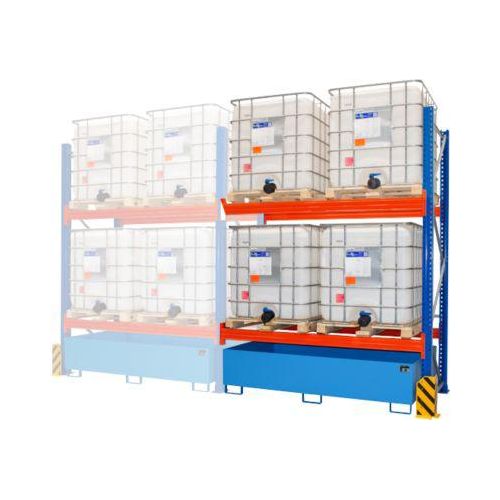 BAUER Umwelt-Anbauregal UR-A 2200-2, Palettenregal, B 2300 x T 1300 x H 3000 mm, für max. 4 IBC, Auffangwanne 1000 l, lichtblau/verkehrsblau/reinorange