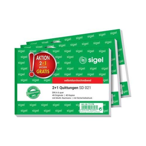Quittungsblock Sigel SD021, A6 quer, 2 x 40 Blatt, selbstdurchschr., 2 Stck + 1 GRATIS