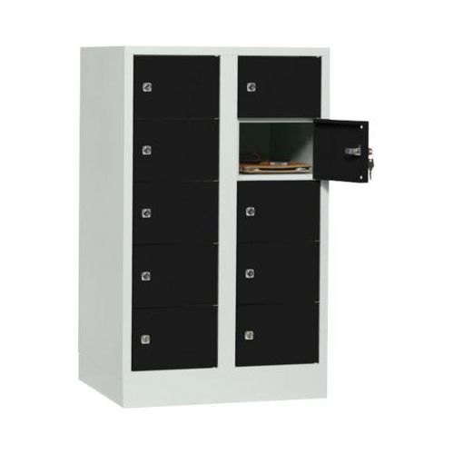 Schließfachschrank, Stahlbl., Türanschl. rechts, Zylinderschloss, 10 Fächer, B 600 x H 965 mm, l.grau RAL 7035/t.schw. RAL 9005