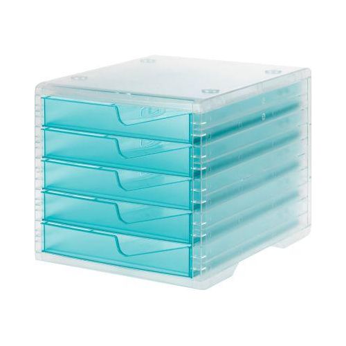 Schubladenbox styro® styroswing light, 5 Schübe, Auszugsperre & Griffmulde, stapelbar, B 270 x T 340 x H 255 mm, Polystyrol, transparent-aqua