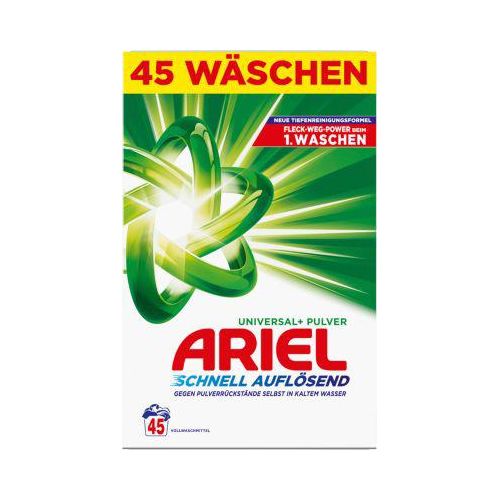 Ariel Universal+ Vollwaschmittel, Pulverwaschmittel, strahlende Reinheit, frischer Duft, 45 Waschladungen