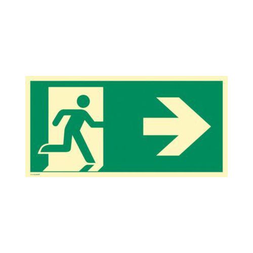 moedel Fluchtwegschild „Notausgang rechts Pfeil rechts“, nach ISO 7010 E002, Kunststoff selbstklebend, langnachleuchtend, B 400 x H 200 mm