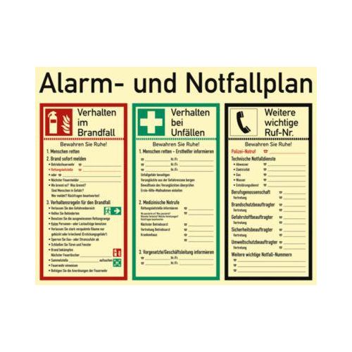 moedel Hinweisschild „Alarm- und Notfallplan“, 3-spaltig, EN ISO 7010, Leuchtklasse B, 52 mcd/m², L 480 x B 620 mm, Kunststoff, mehrfarbig
