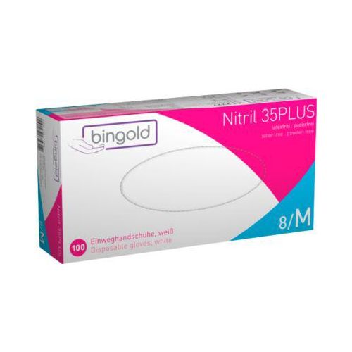 Schutzhandschuhe BINGOLD Nitril 35PLUS, Einweg, mikrotextuierte Fingerspitzen, puderfrei, Nitril, weiß, Größe M, 100 Stück