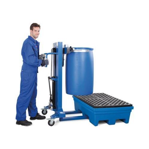 Fasslifter asecos, mit Fusspumpe, B 830 x H x 1605 x T 1140 mm, Hubbereich 120 – 520 mm, Fahrwerk schmal