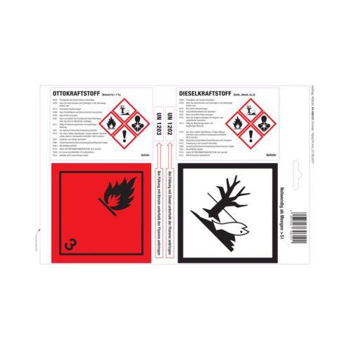 Haftetiketten für Kanister mit Ottokraftstoff & Dieselkraftstoff, GHS/CLP-konform, 1 Bogen mit 4 Etiketten, weißglänzend/rot/schwarz