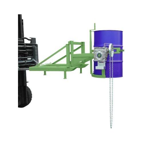Fasskipper Bauer Typ FD/L, für 110 bis 220 l Fässer, 360 kg, 270° Kippen, mit Endloskette, Stapleraufnahme, resedagrün RAL 6011