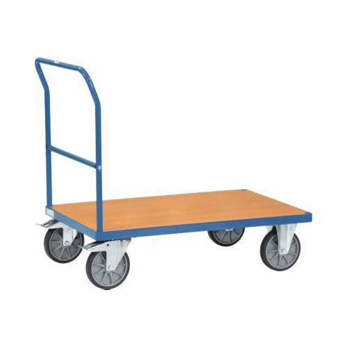 Schiebebügelwagen, Stahl/Holz, blau-buche, bis 500 kg, B 850 x T 500 mm, TPE-Bereifung