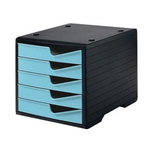 Schubladenbox styro® styroswing, 5 Schübe, Auszugsperre & Griffmulde, stapelbar, B 270 x T 340 x H 255 mm, Polystyrol, schwarz-aqua
