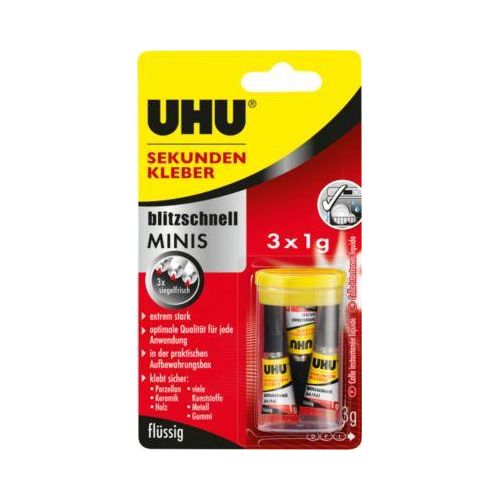 UHU Sekundenkleber blitzschnell Minis 3 x 1 g, flüssig, wasserfest, 3er Set