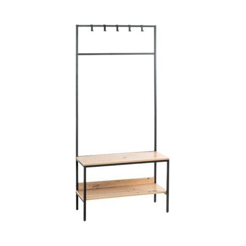 Standgarderobe HAKU, 5 Haken, Gesamttragkraft 15 kg, 2 Ablagen, B 800 x T 350 x H 1800 mm, Stahl/Holz/Metall, schwarz/helles Eiche-Dekor