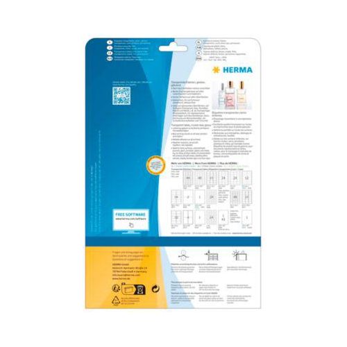 Folienetiketten HERMA 8016, permanenthaftend, selbstklebend, bedruckbar, No-Label-Effekt, B 45,7 x H 21,2 mm, Folie, transparent, 1200 Stück/25 Blatt