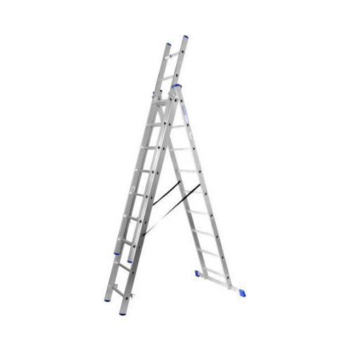 Mehrzweckleiter SZ Metall, 3-teilig, mit 3 x 9 Sprossen, bis 150 kg, EN 131, Quertraverse, Spreizsicherung, Aluminium