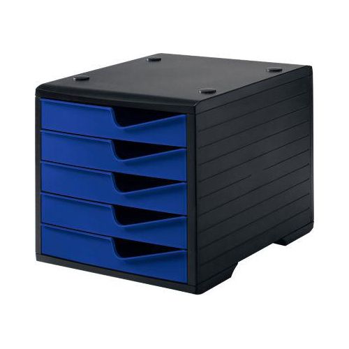 Schubladenbox styro® styroswing , 5 Schübe, Auszugsperre & Griffmulde, stapelbar, B 270 x T 340 x H 255 mm, Polystyrol, schwarz-blau