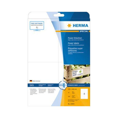 Herma Power-Etiketten Nr. 10909 auf DIN A4-Blättern, 100 Etiketten, 25 Bogen