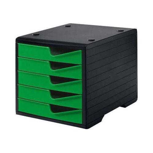 Schubladenbox styro® styroswing, 5 Schübe, Auszugsperre & Griffmulde, stapelbar, B 270 x T 340 x H 255 mm, Polystyrol, schwarz-gecko