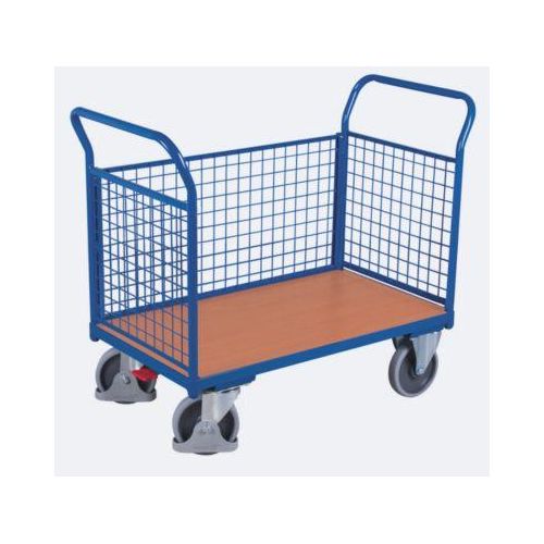 Dreiwandwagen, Stahl/MDF-Platte, Enzianblau/Buche-Dekor, L 1000 x B 675 mm, herausnehmbare Längswand, TPE-Rollen mit EasySTOP, bis 500 kg