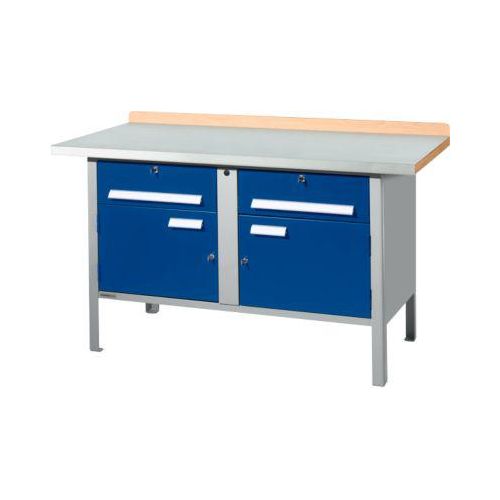 Kastenwerkbank Schäfer Shop Select PWi 150-0, Buche Multiplexplatte, mit Stahlabdeckung, bis 750 kg, B 1500 x T 700 x H 840 mm, Enzianblau