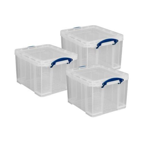 Sparset Really Useful Boxes, 3 Stück mit jeweils 35 l, verschließbare Griffe, mit Deckel, stapelbar, Polypropylen, transparent