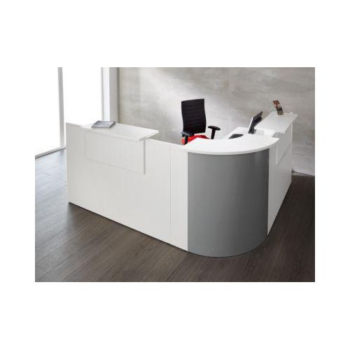 Winkeltheke Come-In, rund, L 2125 x B 2525 mm, weiß, 3 Ablagen in Weiß, Eckelement alusilber