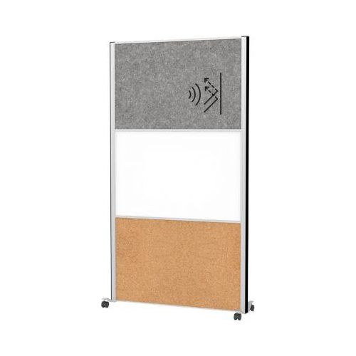 MAUL Stellwandsystem MAULconnecto, 1 x Akustikvlies dunkel, 1 x Whiteboard, 1 x Korkwand, auf Rollen, H 1800 x B 1000 mm, silber