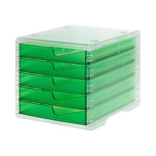 Schubladenbox styro® styroswing light, 5 Schübe, Auszugsperre & Griffmulde, stapelbar, B 270 x T 340 x H 255 mm, Polystyrol, transparent-grün
