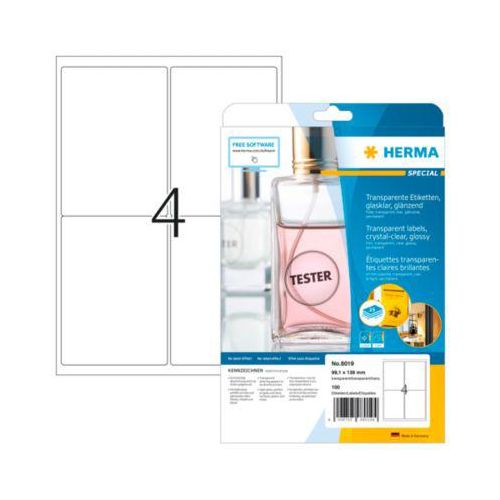 Folienetiketten HERMA 8019, permanenthaftend, selbstklebend, bedruckbar, No-Label-Effekt, B 99,1 x H 139 mm, Folie, transparent, 100 Stück/25 Blatt