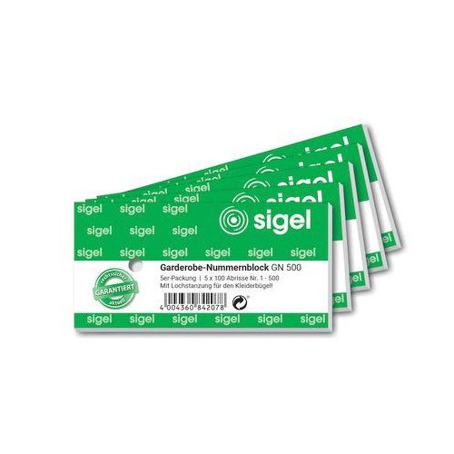 Sigel Garderoben-Nummernblock GN500, m. Lochstanzung, 1 - 500 nummeriert, 5 Stück