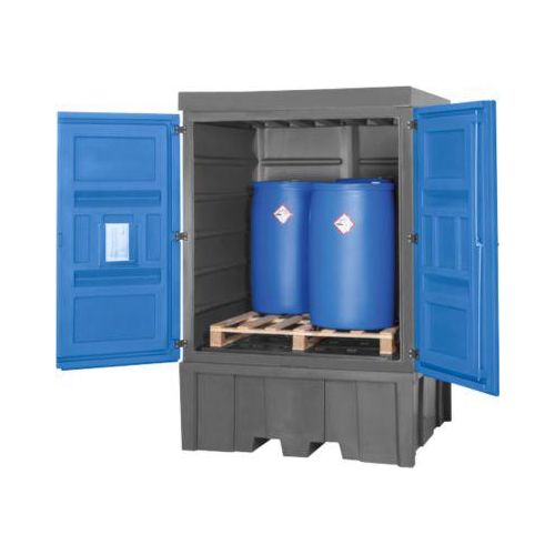 Gefahrstoffdepot asecos, Polyethylen, unterfahrbar, B 1560 x T 1550 x H 2330, für 4 Fässer à 200 l