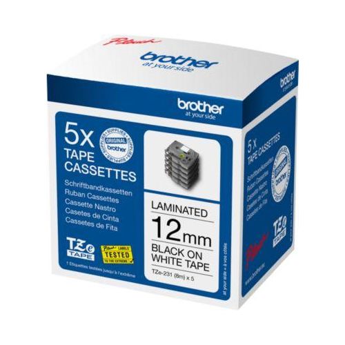 Sparpaket: 5x Schriftbandkassette Brother Tze-231M, selbstklebend, 8 m x 12 mm, schwarz