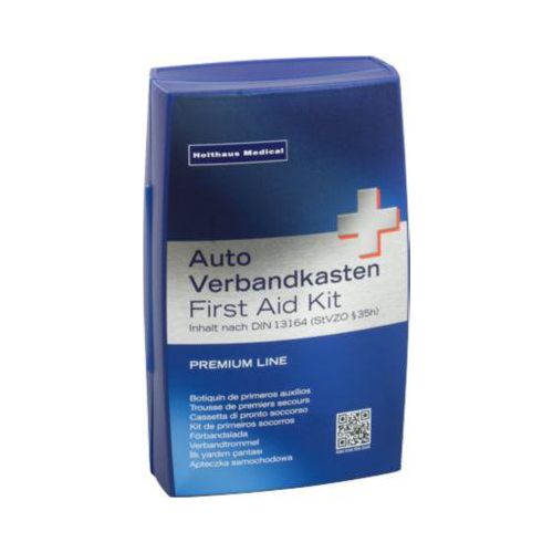 Verbandkasten Premium, für das Auto, Inhalt nach DIN 13 164, temperaturbeständig von -20 bis +130°, B 160 x T 70 x H 250 mm, Polypropylen, blau