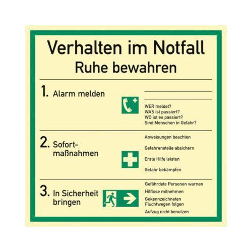 moedel Notfall- und Rettungsschild "Verhalten im Notfall", nach DIN EN ISO 7010, Kunststoff, langnachleuchtend, B 180 x H 180 mm