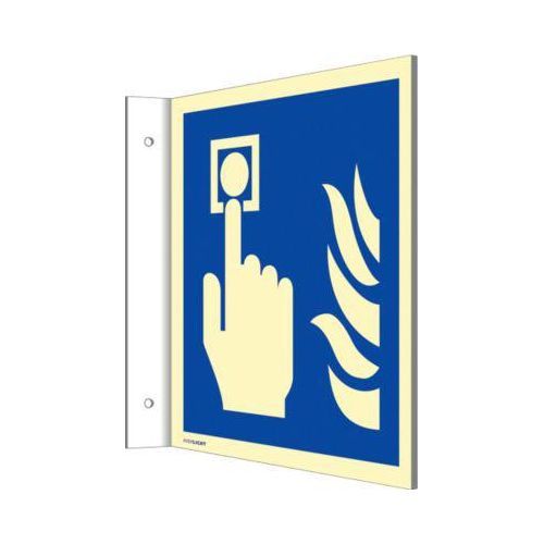 moedel Fahnenschild „Hausalarm/Brandmelder/Flamme“, Leuchtklasse C, 160 mcd/m², bis 14,8 m, L 148 x B 148 mm, Aluminium, blau-weiß